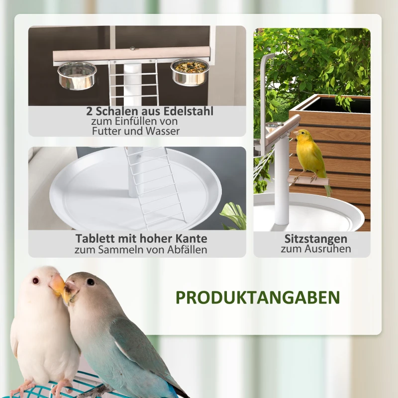 PawHut Anflugstange Freisitz für Papageien Sitzstange, 1 Leiter, 1 Schaukel, Futternäpfe, 60 x 60 x 138 cm, Weiß + Natur