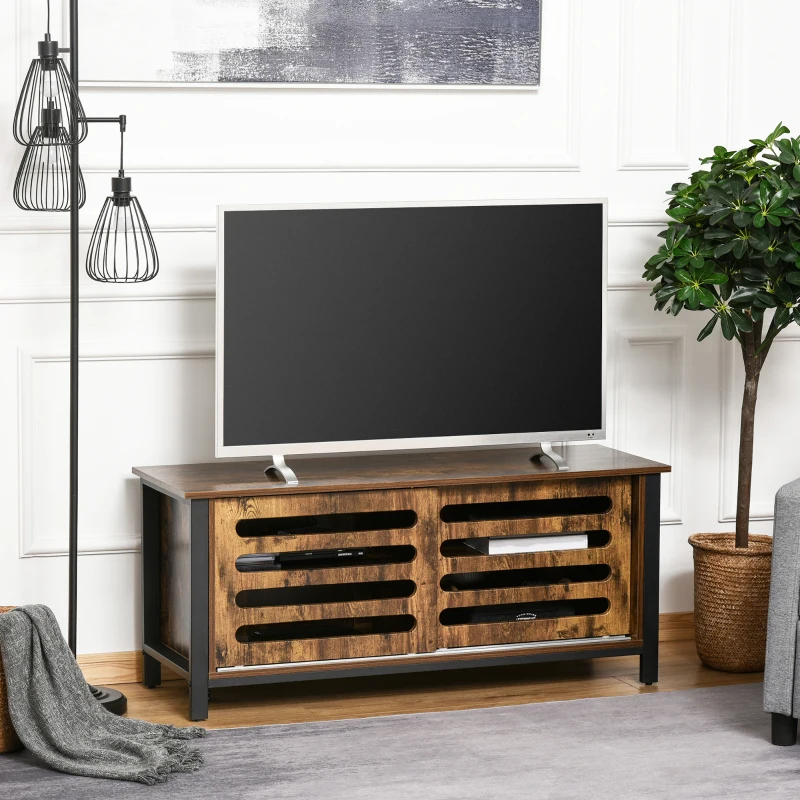 HOMCOM TV Schrank Fernsehschrank Fernsehtisch TV Lowboard Kommode für Fernseher kleiner als 50" mit 2 Türen Regal Industriedesign Wohnzimmer Schlafzimmer Metall Rustikal-Braun 120 x 42 x 52 cm