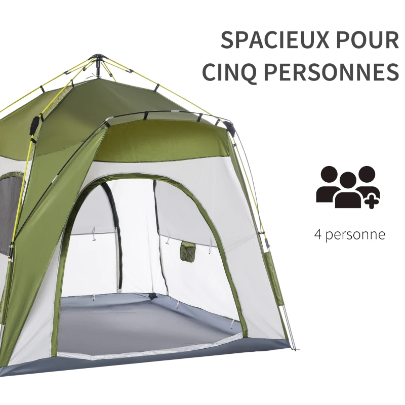 Outsunny Tente de camping, tente pop up dôme familiale 4 personnes, avec 4 portes 4 fenêtres sac de transport inclus pour le camping randonnée vert gris