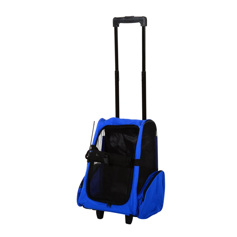 PawHut Trasportino Zaino 2 in 1 per Cani e Gatti con Tasche Laterali, Maniglia Telescopica e Ruote, 42x25x55cm, Azzurro