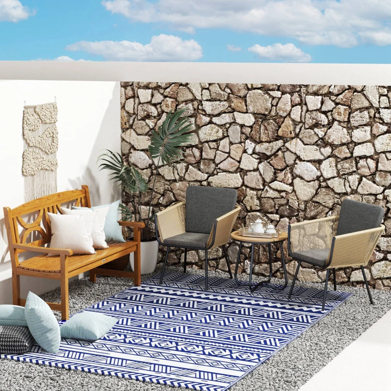 Outsunny Alfombra Reversible 182x274 cm Estilo Moderno para Terraza Balcón Patio Camping Playa Azul Oscuro y Blanco
