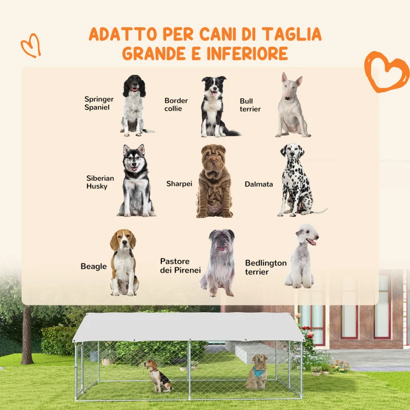 PawHut Recinto per Cani Grandi fino 30kg per Esterno, con Tetto Impermeabile e Anti-UV, 4x2.3x1.5m, Argento