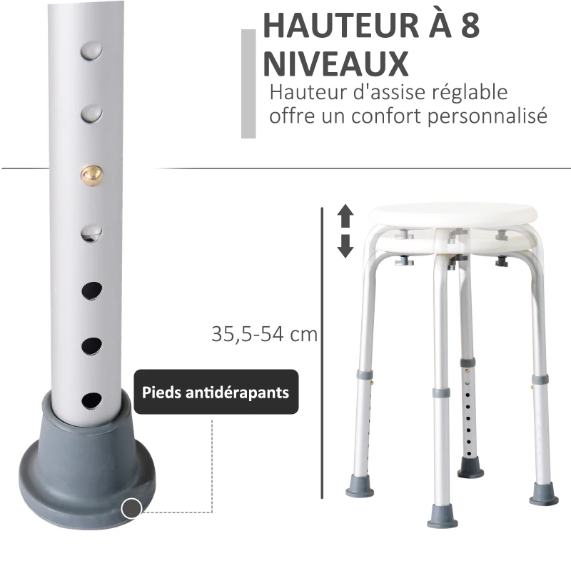 HOMCOM Tabouret de Douche réglable en Hauteur siège de Douche Ergonomique Pieds antidérapants Charge Max. 136 Kg alu HDPE Blanc