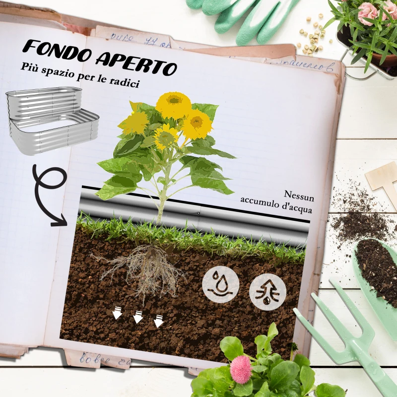 Outsunny Letto per Orto Rialzato a 2 Livelli in Acciaio con Fondo Aperto 120x90x30cm, Argento