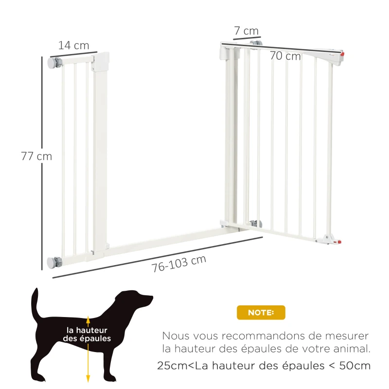 PawHut Barrière de sécurité pour chien animaux sans perçage avec fermeture automatique largeur 76-103 cm blanc