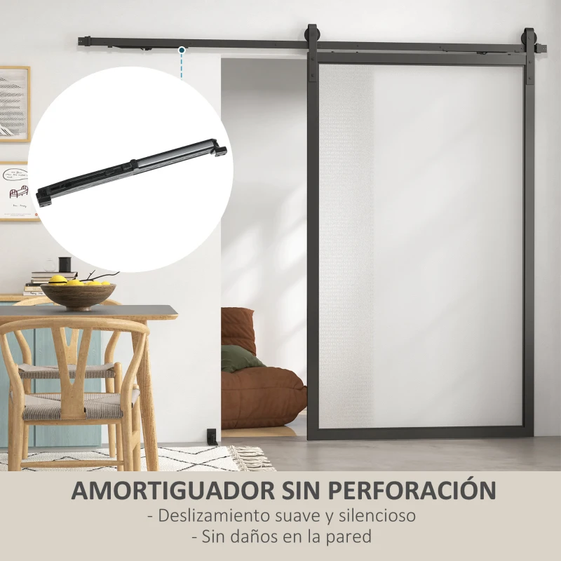 HOMCOM 8FT/244cm Kit de Accesorios para Puerta Corrediza con Amortiguador sin Perforación y 2 Rieles para Granero Negro