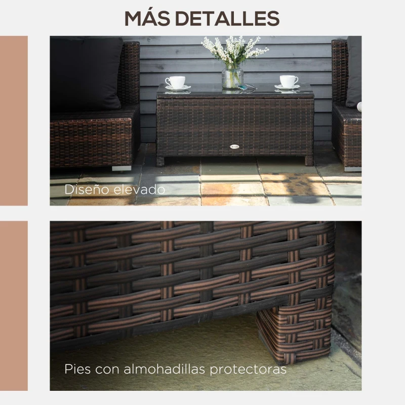 Outsunny Mesa Exterior Terraza de Ratán Sintético Mesa Auxiliar con Vidrio Templado para Terraza Patio Balcón 85x50x39 cm Marrón