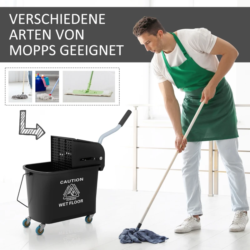 HOMCOM 20 L Mopp-Eimer mit Auswringer und Griff, Wischmopp-Eimer auf Rädern, Kunststoff, Schwarz