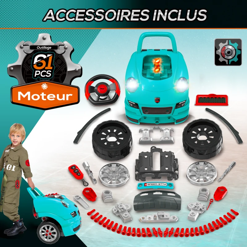 HOMCOM Camion mécano 2 en 1 jouet bricolage enfant jeu d'imitation mécanicien nombreux qccessoires total de 61 pièces bleu