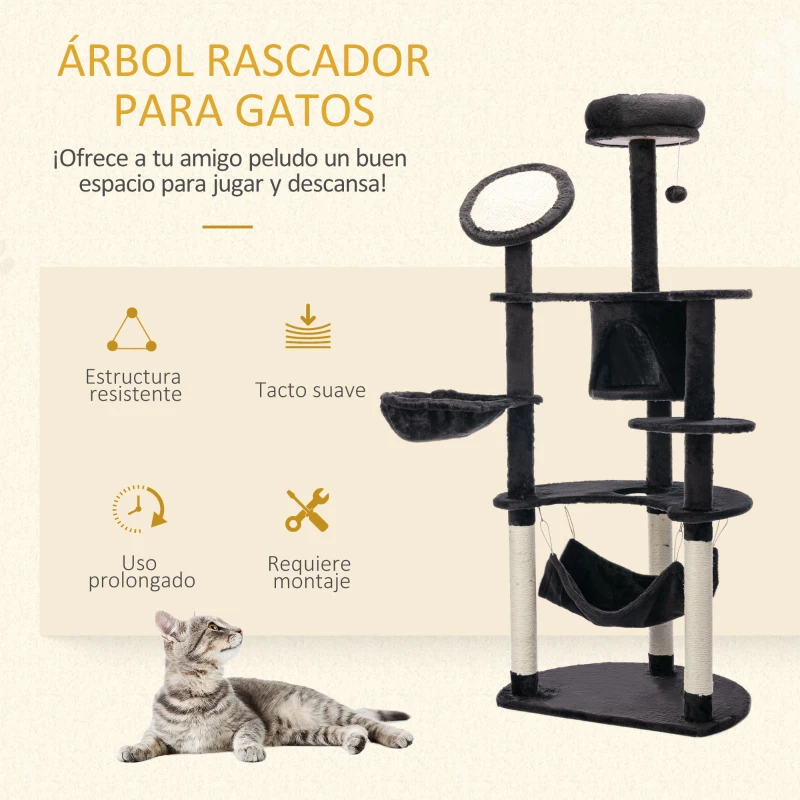 PawHut Árbol Rascador para Gatos Grande 65x50x153 cm Torre para Gatos Centro de Actividades con Múltiples Plataforma Poste Hamaca Bolas de Juguete y Cueva Gris Oscuro