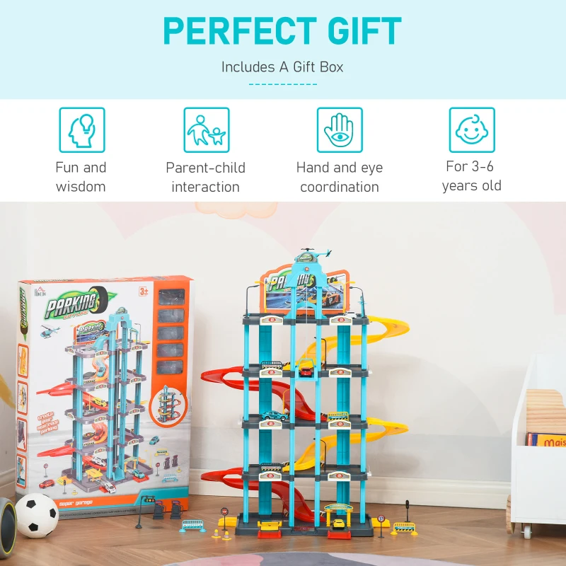 HOMCOM 5-Level Car Parking Garage Toy Race Tracks Car Ramp Set Toddler Car Games w/ Cars & Helicopter Elevator Gas Station Car Repair Station for 3-6 Years Old