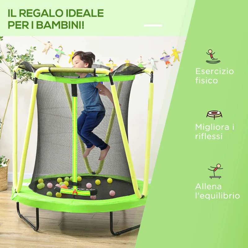 ZONEKIZ Trampolino Elastico per Bambini 3-10 Anni con Rete di Sicurezza, Canestro e Palle, Ø140x155cm, Verde