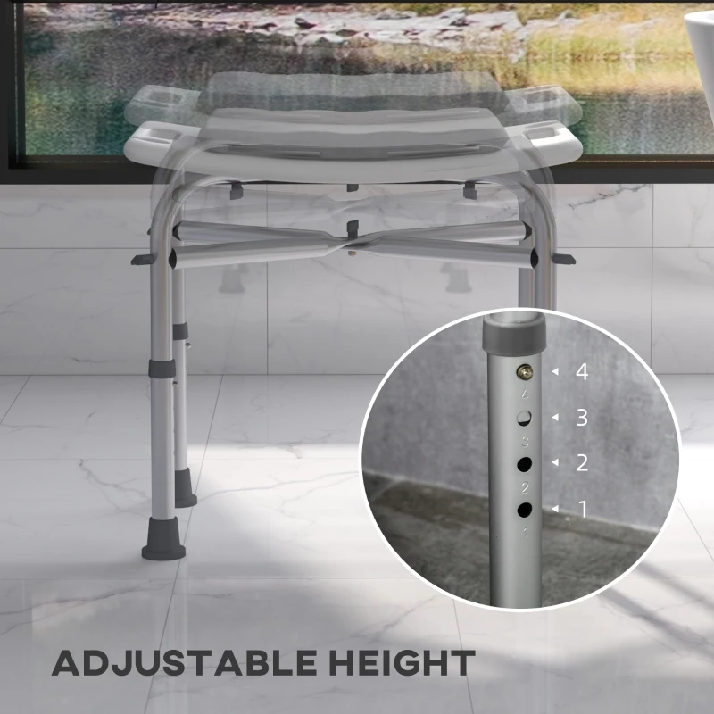 HOMCOM Aluminium Shower Stool for Elderly, Height Adjustable Shower Seat with Removable Padded Cushion, Shower Head Holder, Non-Slip Bath Stool for Seniors, Disabled, Pregnant, White