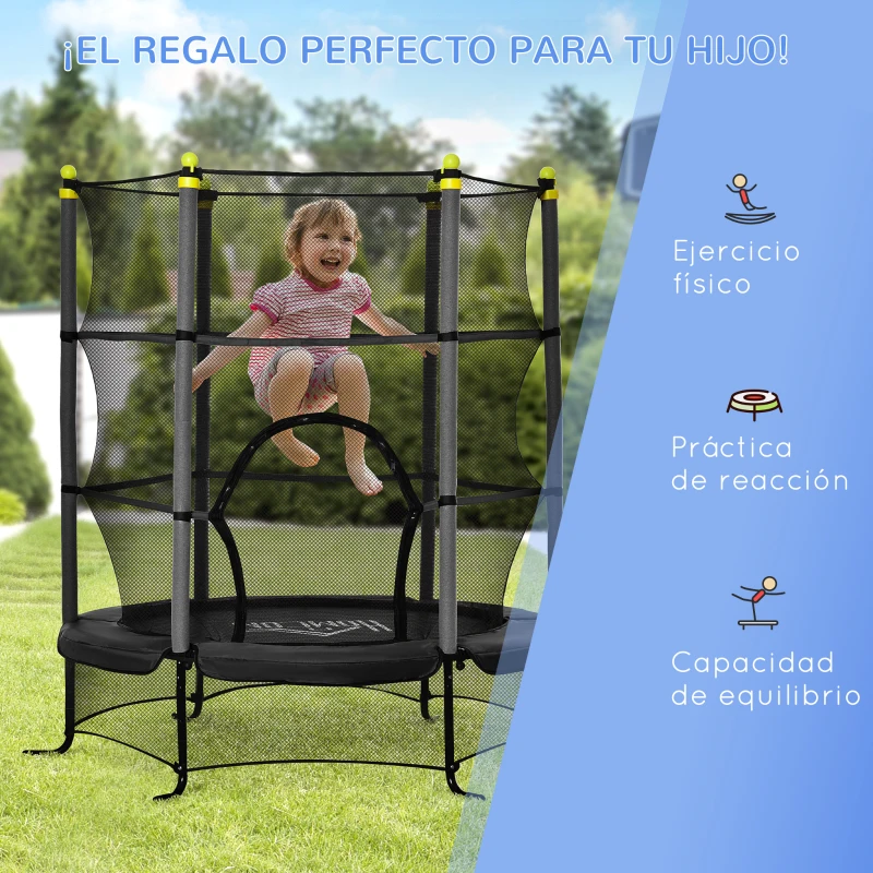 HOMCOM Trampolín para Niños +3 Años con Superficie de Salto Ø110 cm Red de Seguridad y Cubierta Protectora Ø163x163 cm Negro
