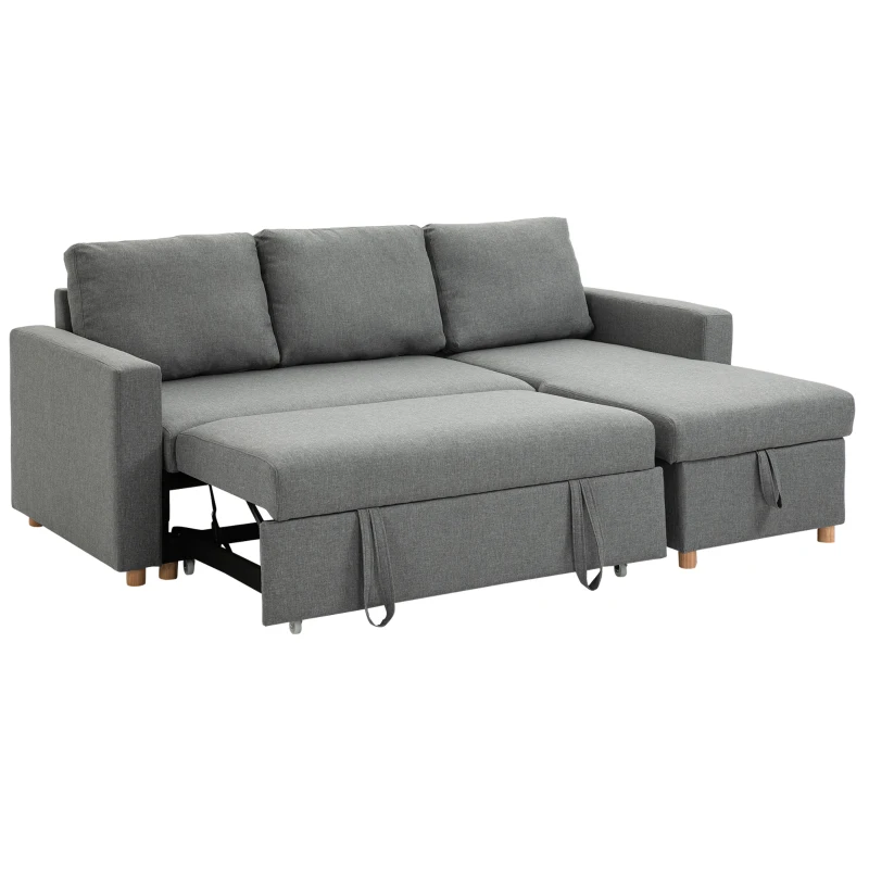 HOMCOM Canapé d'angle convertible canapé lit canapé 3 places modulable avec méridienne réversible, coffre de rangement intégré et 3 coussins de dossier, tissu aspect lin, gris