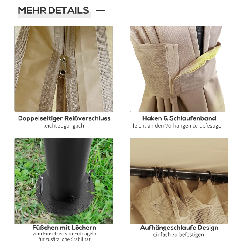 Outsunny Pavillon Gartenpavillon 3x4 m Gartenzelt Festzelt Partyzelt mit 4 x Seitenwände Moskitonetz Metall Polyester Beige