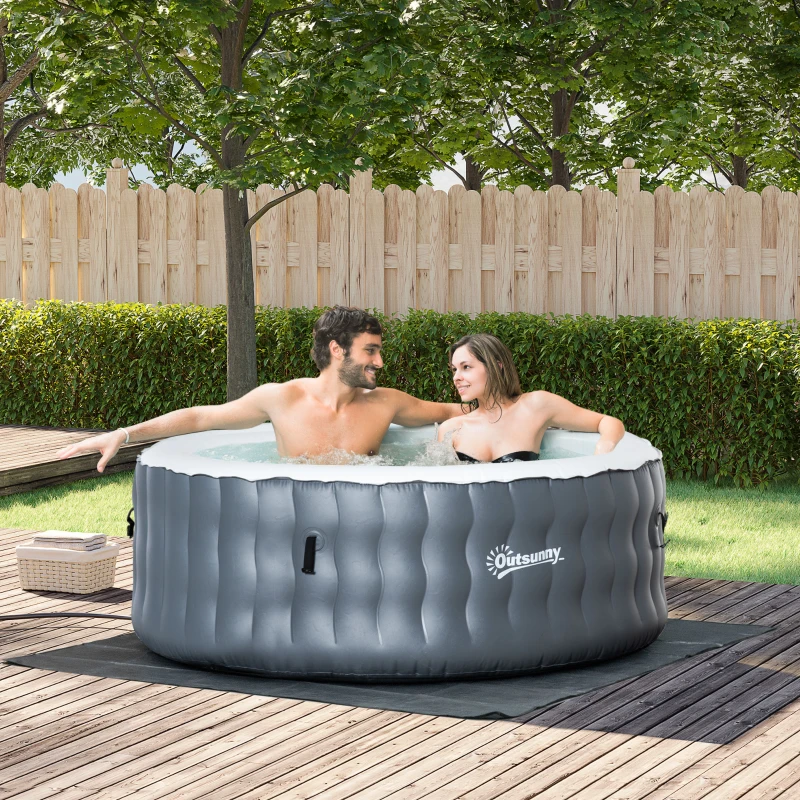 Outsunny Spa Gonflable Rond - 930 litres 108 Jets de Massage - 4 Personnes avec bâche, 2 Cartouches filtrantes - Liner PVC Blanc Gris