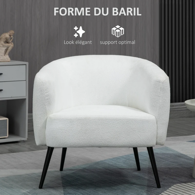 HOMCOM Fauteuil design en tissu effet laine bouclée avec accoudoirs pieds métal noir pour chambre salon 72 x 73 x 73 cm blanc