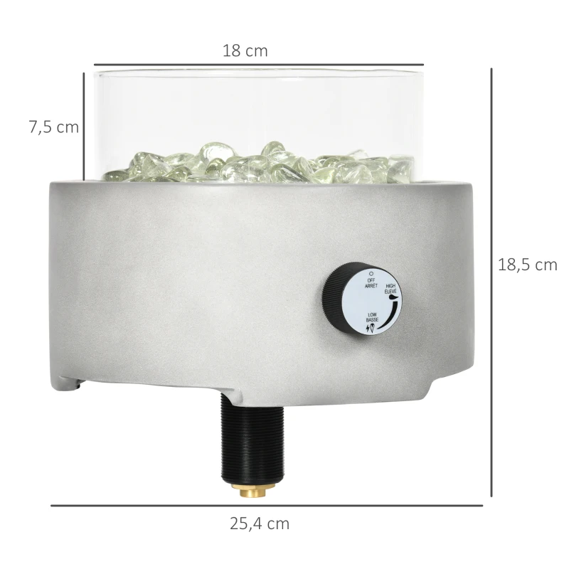 Outsunny Tischfeuerschale Gasfeuerschale, tragbar, mit Glassteinen, Feuerregler, Windschutz, Betonoptik, Ø25,4 x 18,5 cm