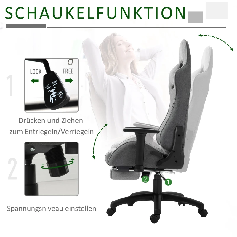 Vinsetto Bürostuhl Computerstuhl Drehstuhl mit abnehmbarem Kopf- und Lendenkissen Wippenfunktion ergonomischer Schreibtischstuhl drehbar höhenverstellbar mit Fußstütze PP Grau 73x57x127-135 cm