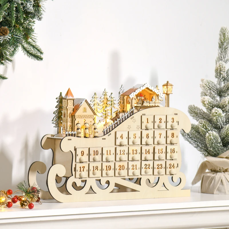 HOMCOM Christmas Advent Calendar, 2021 Light Up Table Xmas Wooden Sleigh Holiday Decoration with Countdown Drawer, Village, for kids Adults, Natural Wood Color