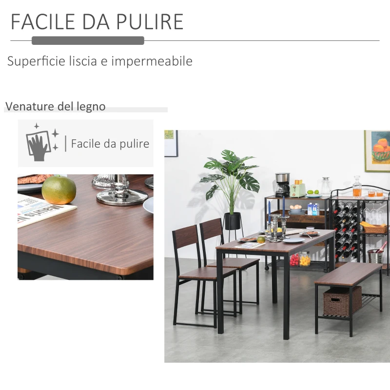 HOMCOM Set Tavolo da Pranzo con 2 Sedie Stile Industriale e Panca 2 Posti in Legno e Metallo per Soggiorno e Cucina Nero e Marrone