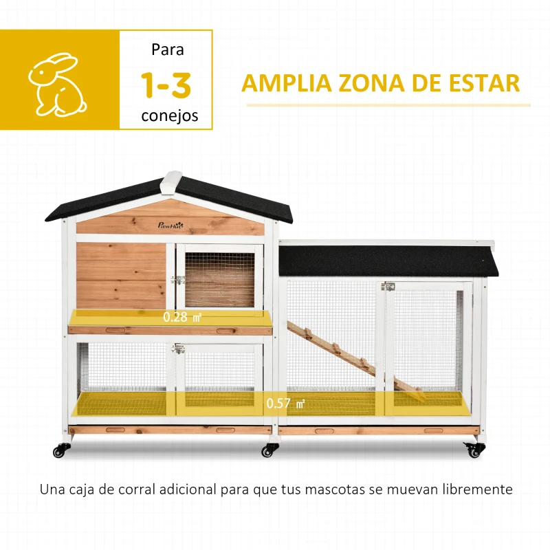 PawHut Conejera Exterior 157,4x53x99,5cm Jaula para Conejos Grande con Ruedas Techo Asfáltico Bandeja Extraíble y Rampa Natural