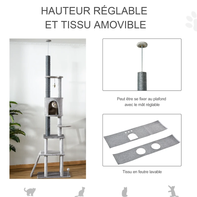Arbre à chat poteau à griffer multi-niveaux hauteur réglable gris