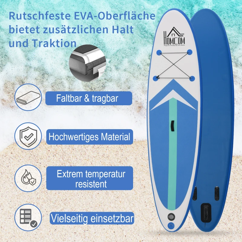 HOMCOM Aufblasbares Surfbrett Surfboard Stand Up Board mit Paddel Rutschfest Inkl. Ausrüstung PVC EVA 305 x 80 x 15 cm