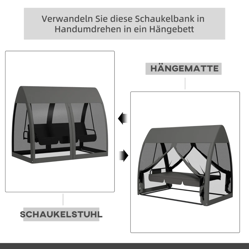 Outsunny 3-Sitzer-Terrassen-Schaukel, Veranda-Schaukel mit Bettfunktion, Hollywoodschaukel mit Mückennetz und Stahlrahmen, Grau