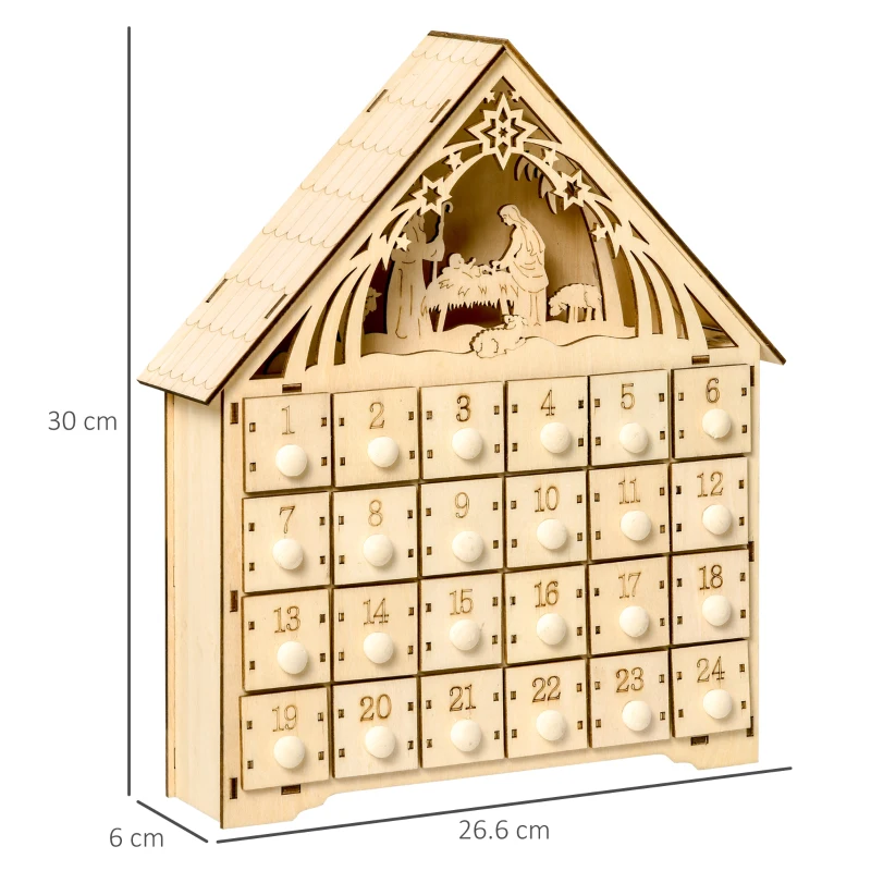 HOMCOM Calendario dell'Avvento in Legno con 24 Cassetti, Decorazione Natalizia con Presepe Intagliato e Luci, 26.6x6x30cm