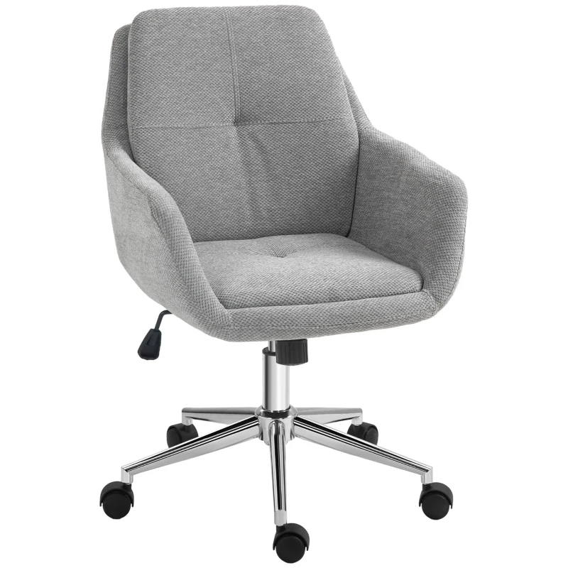 HOMCOM Sedia da Ufficio Girevole ad Altezza Regolabile, in Tessuto Effetto Lino e Acciaio, 55x66x86-96 cm, Grigio Chiaro
