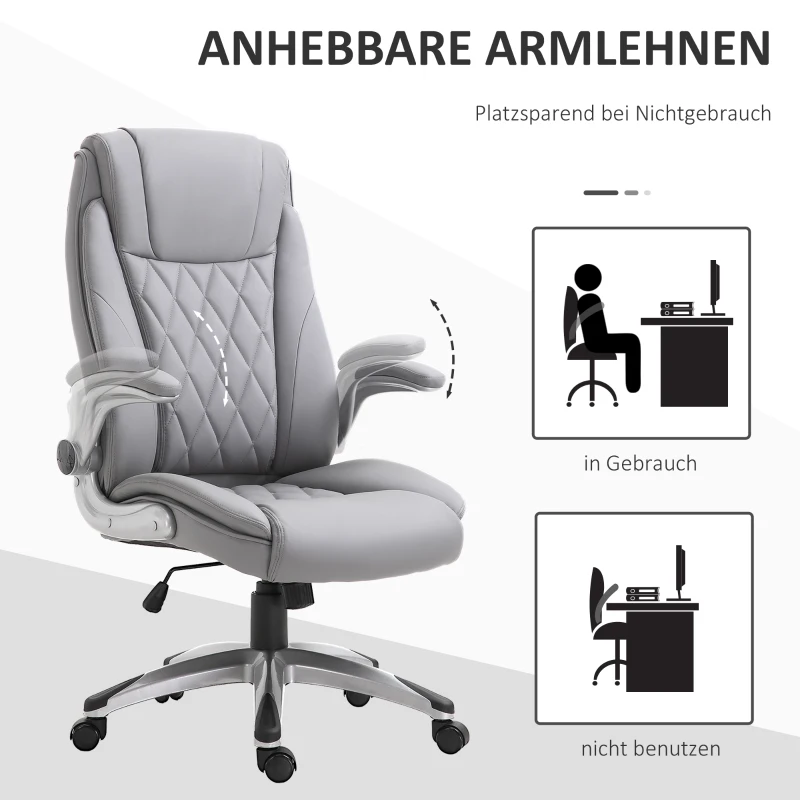 Vinsetto Bürostuhl Ergonomischer Drehstuhl Computerstuhl mit Wippfunktion höhenverstellbar mit Kopfstütze und gepolsterte Armlehnen Kunstleder Grau 70 x 71 x 113–121 cm