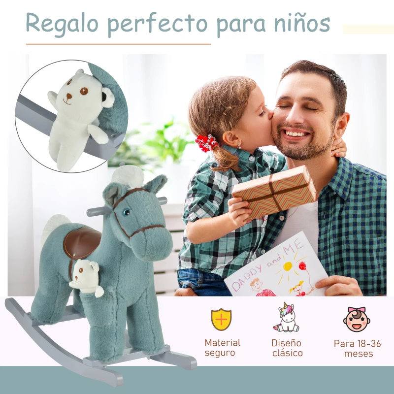 HOMCOM Caballito Balancín para Niños 18-36 Meses Caballo Mecedora Felpa con Osito de Peluche Sonidos de Relincho y Galope Base de Madera 65x26x55 cm Azul