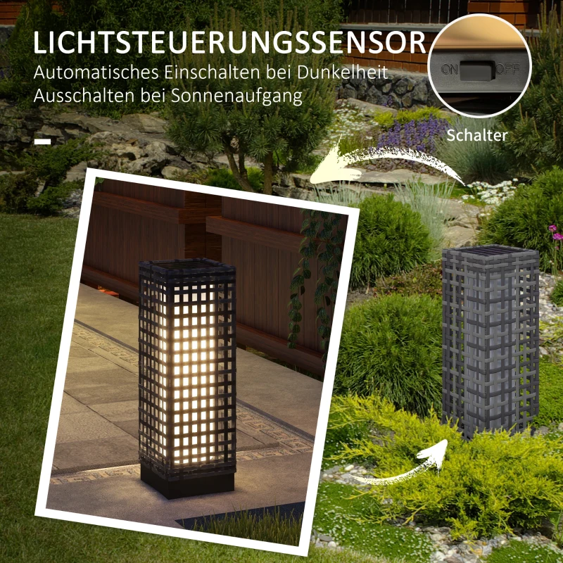 Outsunny Außenleuchte mit Solarmodul, Einschaltautomatik, 8 h Betriebszeit, Rattanoptik, Stahl, 15,5 x 15,5 x 46 cm, Grau