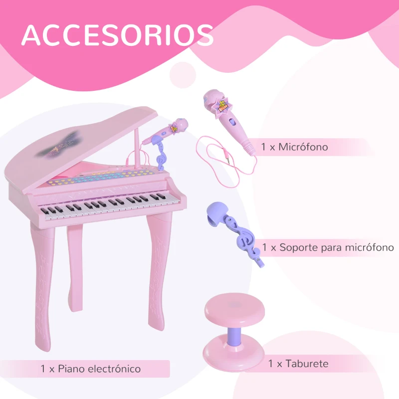 HOMCOM Piano Infantil 37 Teclas Teclado Electrónico Piano para Niños con Micrófono Taburete Luces y 22 Canciones USB/MP3 Karaoke Modo de Enseñanza Rosa