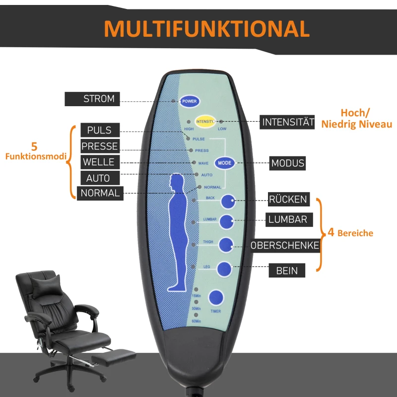 Vinsetto Massagesessel Chefsessel mit Massagefunktion 7 Massagepunkte höhenverstellbarer Drehstuhl mit Fußstütze Kopfstütze zeitgenössisch Schaumstoff  PVC Schwarz 68 x 79 x 104-112 cm