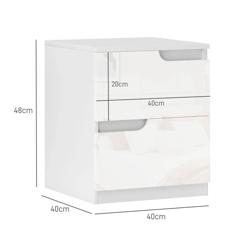 HOMCOM Mesita de Noche Moderna Mesilla de Noche con Cajones con Frontal Blanco Brillante y Almohadilla 40x40x48 cm Blanco