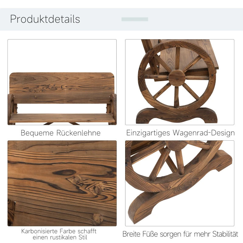 Outsunny 2-Sitzer Gartenbank Massivholz mit Armlehne, Sitzbank mit Wagenräder-Design, Gartenmöbel 250kg belastbar, Rustikale Bank, 114 x 58 x 80 cm, Braun