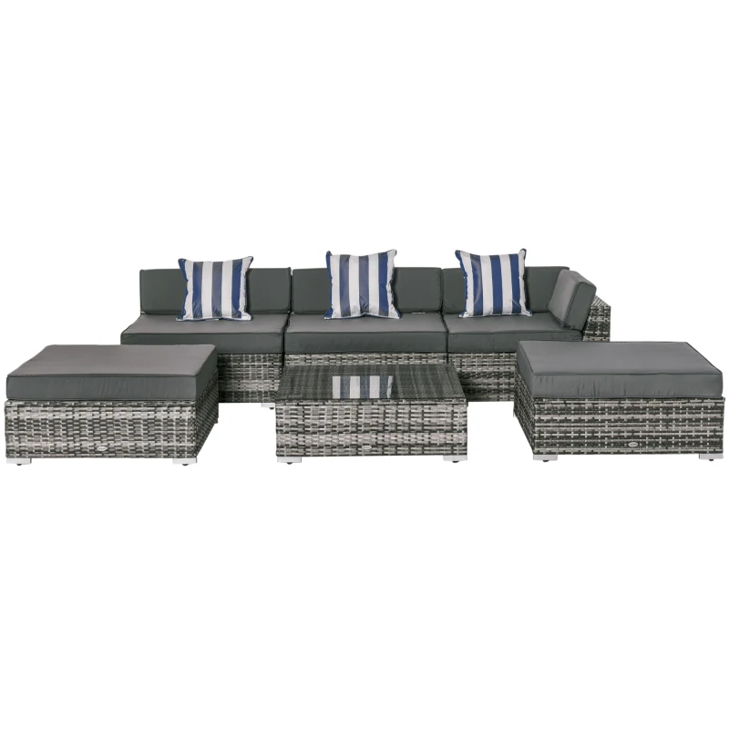Outsunny 6 PC Rattan Sofa Coffee Table Set Sectional Wicker Weave Furniture for Garden Outdoor Conservatory w/ Pillow Cushion Grey
