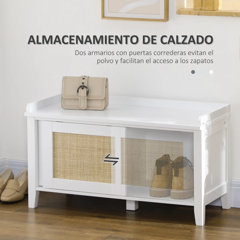 HOMCOM Mueble Zapatero con Banco con 2 Puertas de Ratán Estilo Cannage Carga 130 kg para Pasillo 80x35x45 cm Blanco y Natural