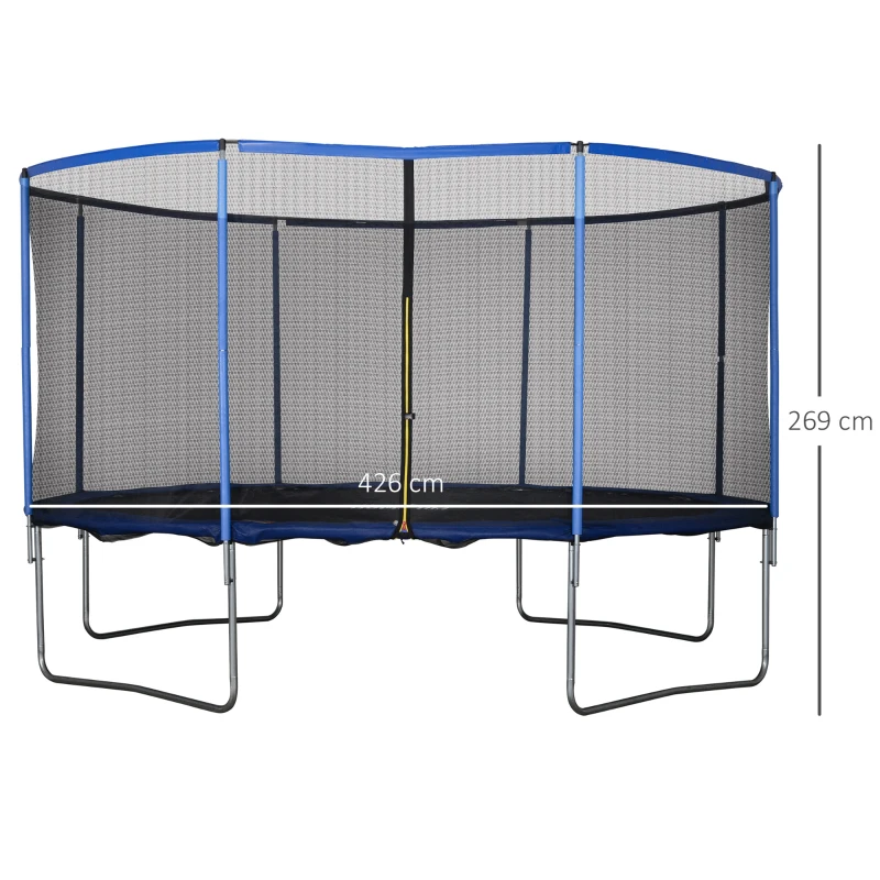 HOMCOM Trampolino Elastico da Esterno, Tappeto Elastico per Bambini e Adulti da Giardino con Rete di Sicurezza e Bordo Imbottito, Giochi da Giardino e Casa, Ø426x269cm, Blu e Nero