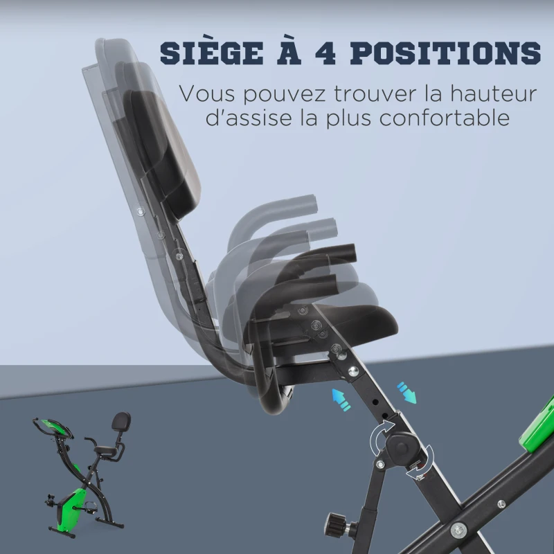 HOMCOM Vélo d'appartement pliable, vélo d'exercice, home traîner pour adultes, 8 niveaux de résistance magnétique, capteurs pouls main, écran LCD multifonction, selle réglable, acier, vert, noir
