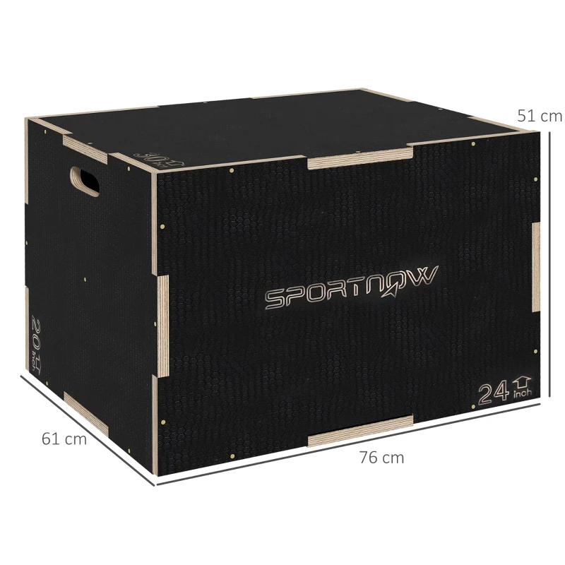 SPORTNOW Cajón de Salto Pliométrico de Madera con Mangos Huecos Carga 120 kg para Casa Oficina Gimnasia 76x61x51 cm Negro