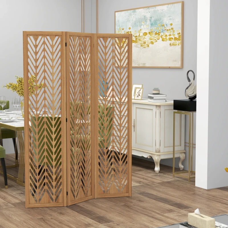 HOMCOM Separador de Ambientes Plegable de 3 Paneles 120x1,7x170 cm Biombo de Madera con Patrones Geométricos Natural