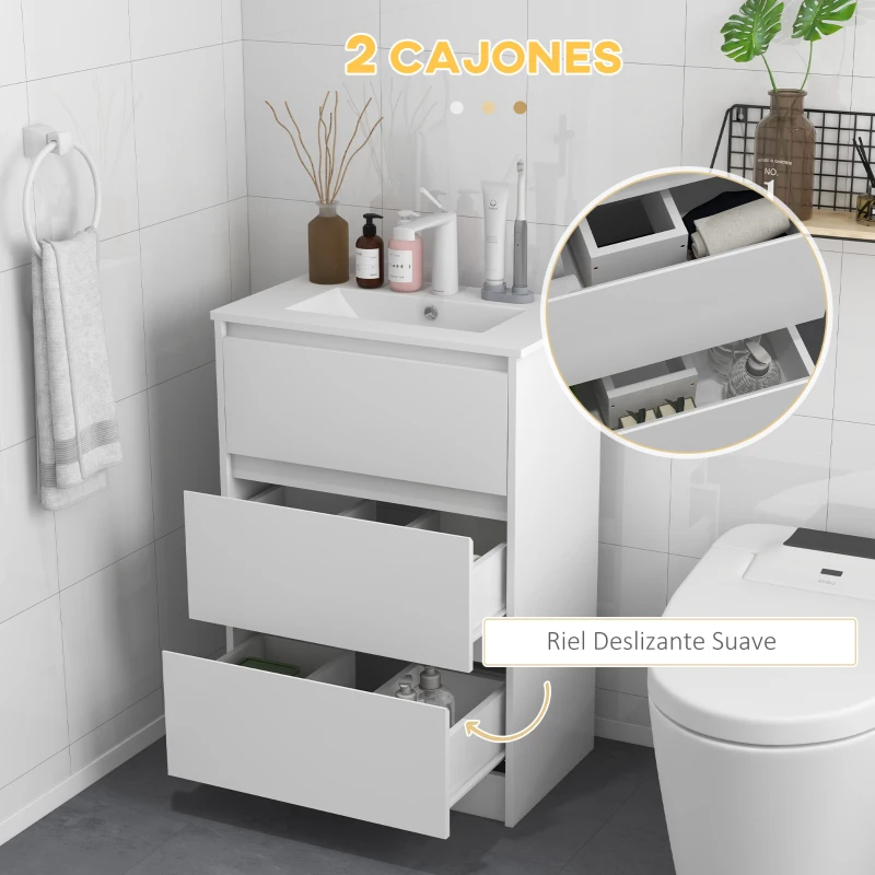 kleankin Mueble de Baño con Lavabo Armario de Baño Lavabo de Baño de Cerámica Sintética con 2 Cajones 61x37x88cm Blanco Brillante(m-4)