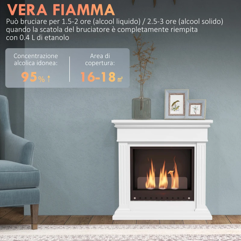 HOMCOM Camino a Bioetanolo con 3 Bruciatori da 0.4L, Pannello in Vetro e Copertura 18㎡, 76x28x76cm, Bianco