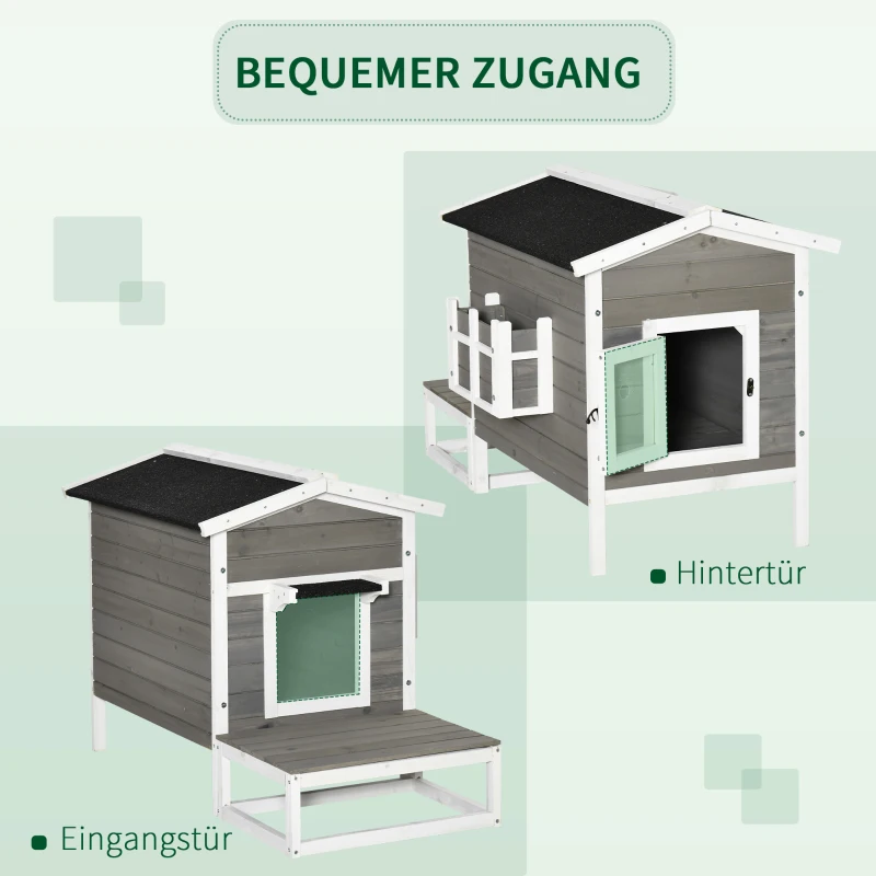 PawHut Katzenhaus aus Holz Winterfest wasserdicht Katzenhütte mit Asphaltdach  Terrasse Katzenhöhle Katzenkiste Outdoor Schutzhütte für Draußen Garten Balkon 115 x 66,5 x 74,7 cm Grau+Weiß
