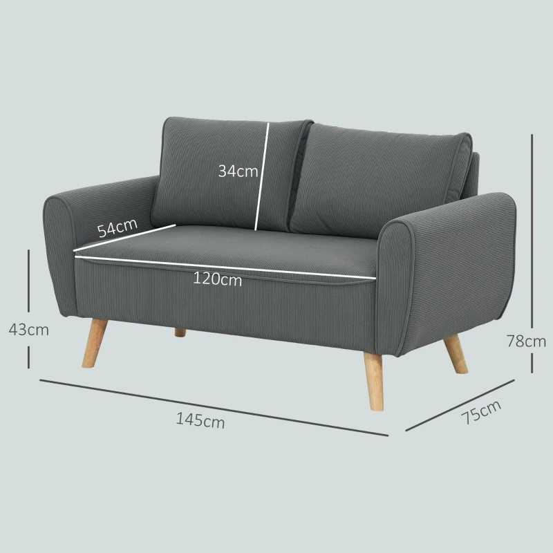 HOMCOM Zweisitzer-Sofa, Stoffcouch, 2 Rückenkissen, Cordbezug, 145 x 75 x 78 cm, Anthrazit(m-3)
