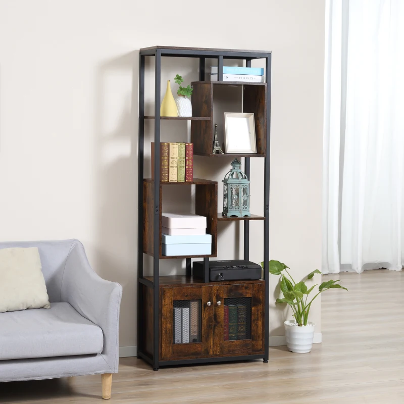 HOMCOM Mobile Libreria Scaffale in Stile Industriale con Armadietto a 2 Ante, Scaffale Salvaspazio a 8 Ripiani per Casa e Ufficio, 70x30x180cm, Marrone